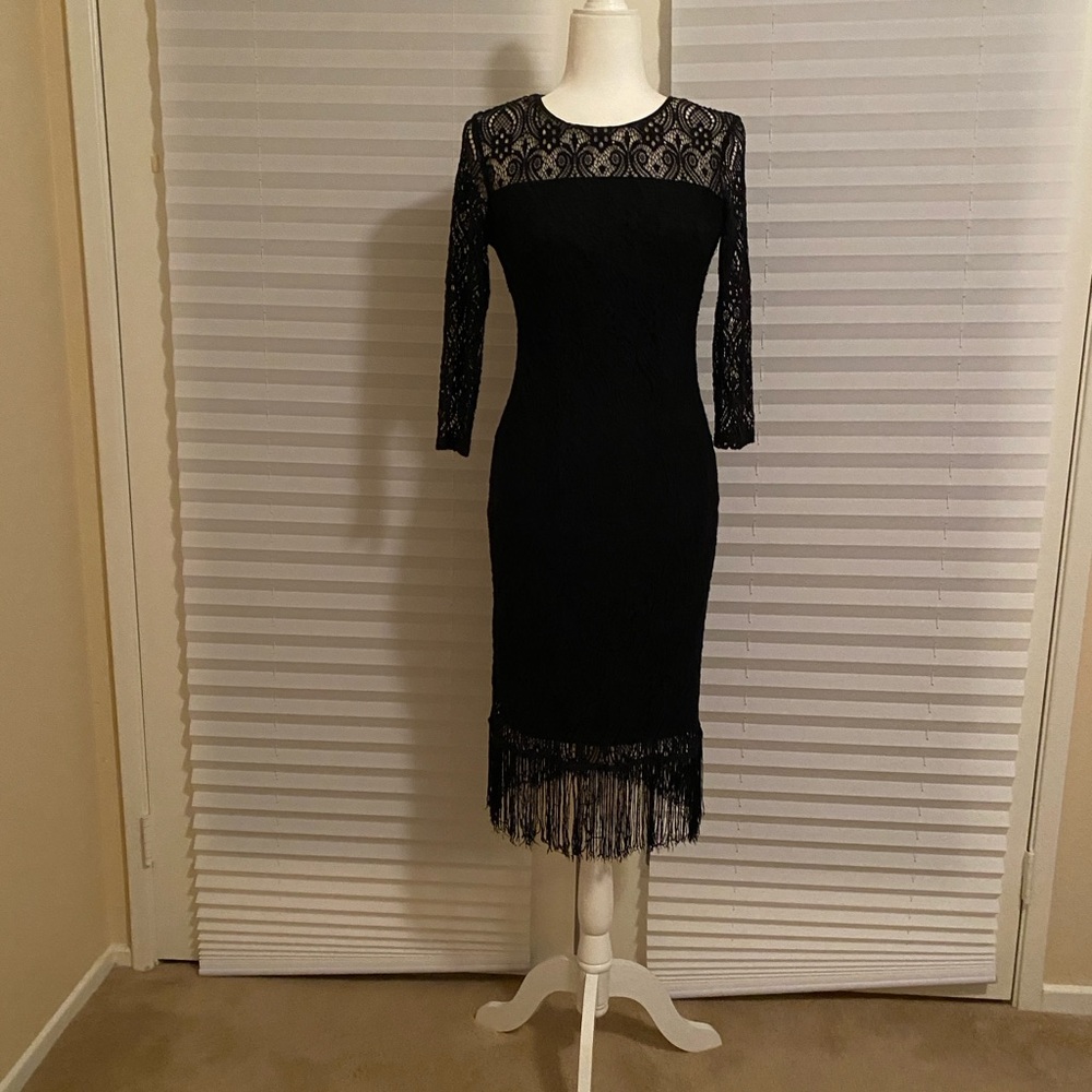 Black Lace Stretch Fitted Dress With Fringe